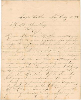 Letter Joe Bucklin to Louis about Jennie sick 5-15-1893 page 1